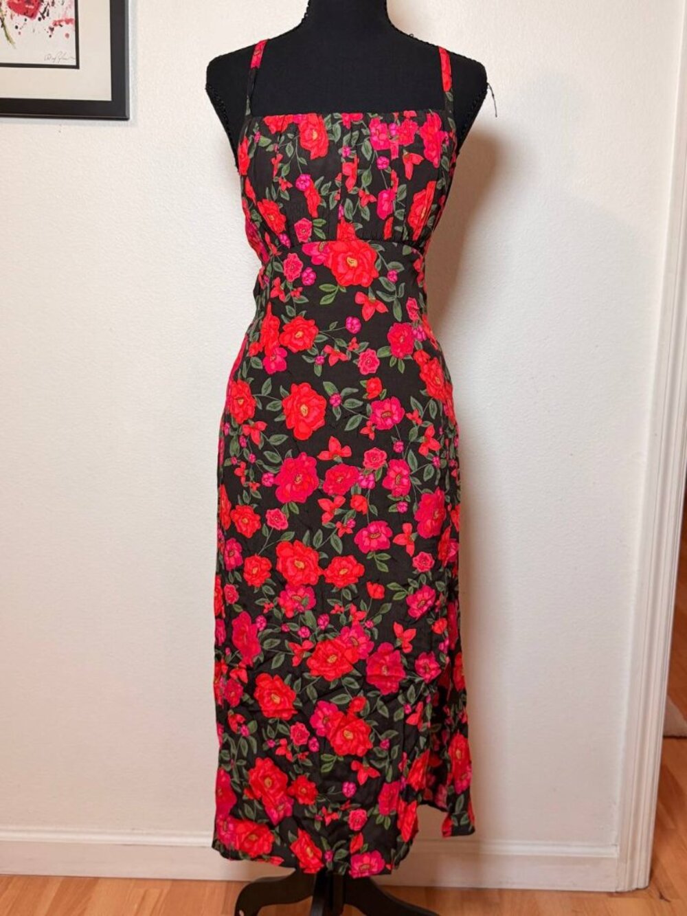 Dress Forum Black Red Floral Midi Dress Open Back Lace Up Romantic 90s Style NWT